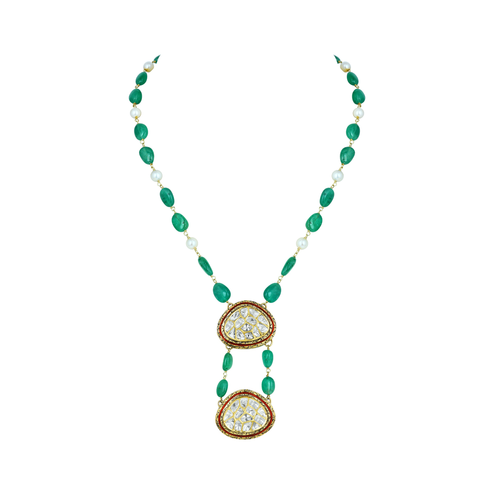 Emerald and Pearl Necklace with Dual Polki Pendants